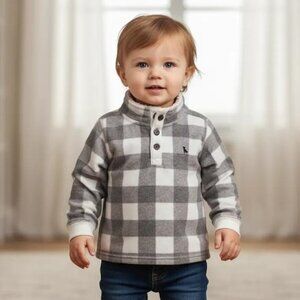 Carter's Gray White Soft Buffalo Check Fleece Sherpa Pullover Top Size 24 Months